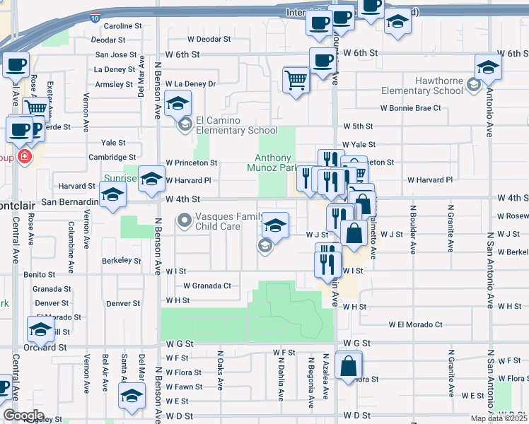 map of restaurants, bars, coffee shops, grocery stores, and more near 1027 North Elderberry Avenue in Ontario