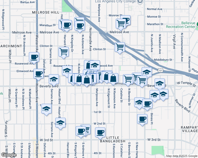 map of restaurants, bars, coffee shops, grocery stores, and more near 318 North Mariposa Avenue in Los Angeles
