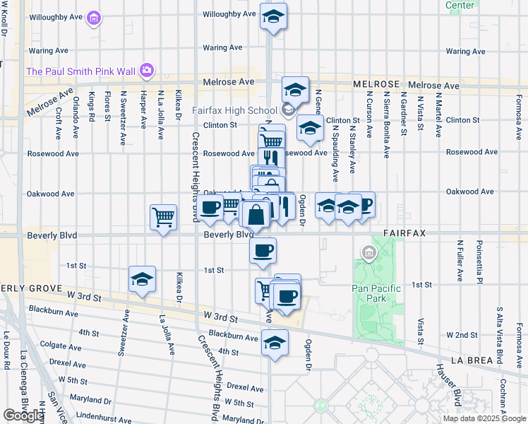 map of restaurants, bars, coffee shops, grocery stores, and more near 330 North Hayworth Avenue in Los Angeles