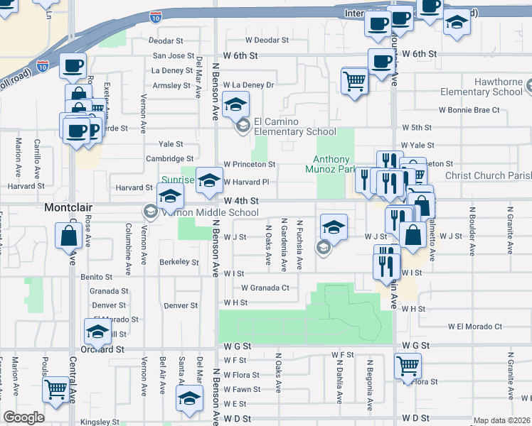 map of restaurants, bars, coffee shops, grocery stores, and more near 1432 West Rosewood Court in Ontario