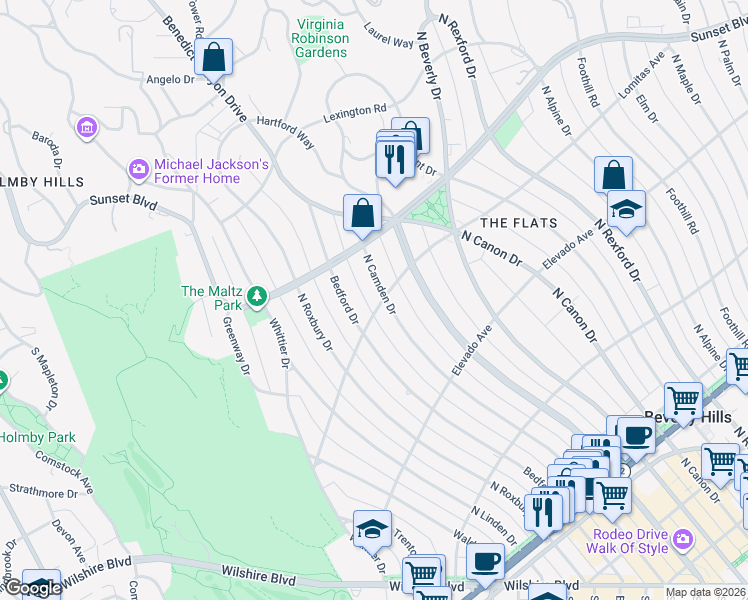 map of restaurants, bars, coffee shops, grocery stores, and more near 729 North Camden Drive in Beverly Hills