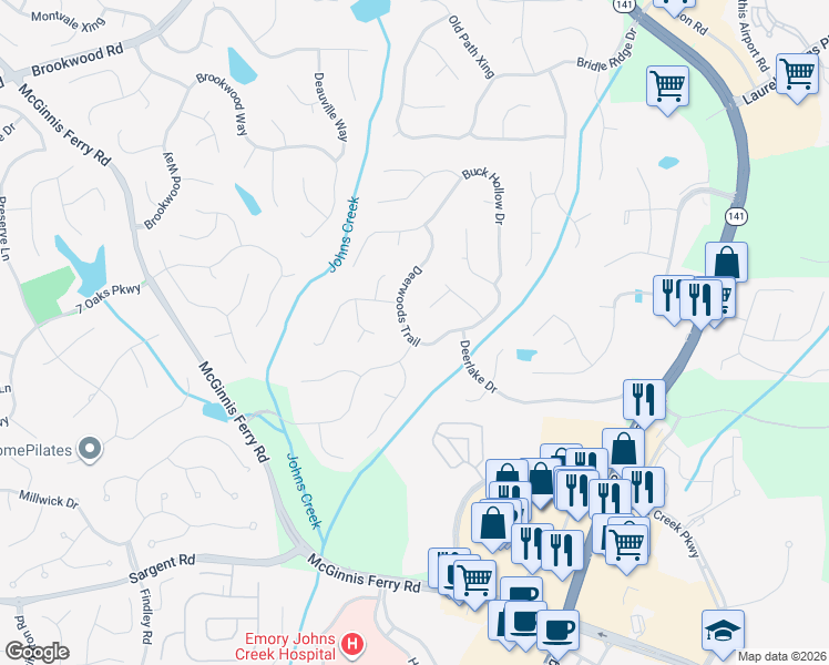 map of restaurants, bars, coffee shops, grocery stores, and more near 6110 Deerwoods Trail in Alpharetta