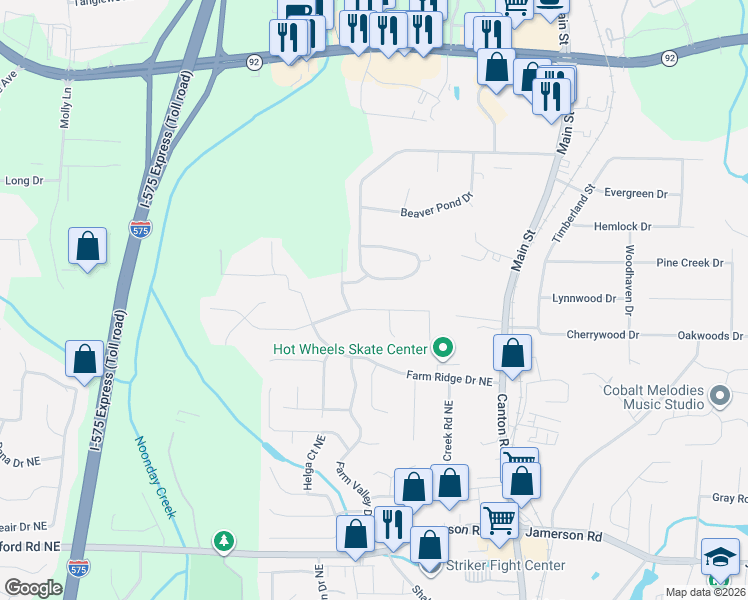 map of restaurants, bars, coffee shops, grocery stores, and more near 130 Ridgewood Drive in Woodstock