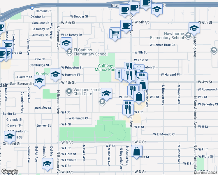 map of restaurants, bars, coffee shops, grocery stores, and more near 1228 West Rosewood Court in Ontario