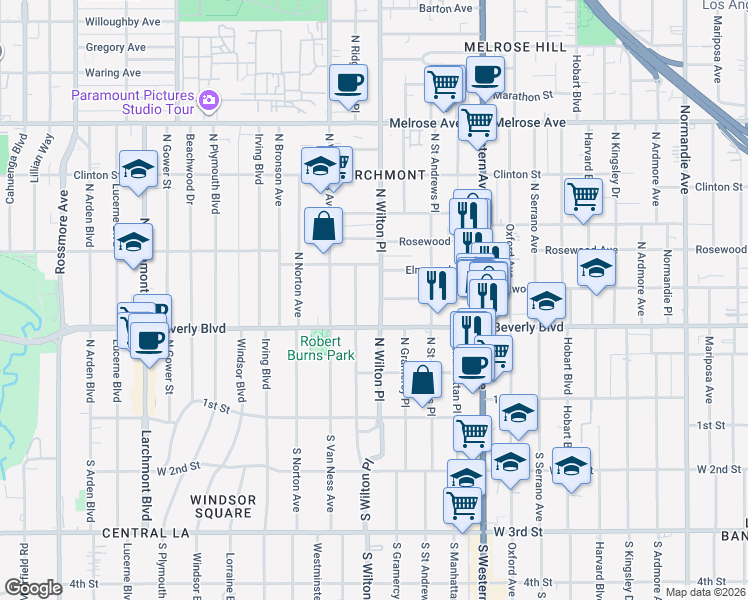 map of restaurants, bars, coffee shops, grocery stores, and more near 325 North Wilton Place in Los Angeles