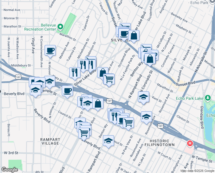 map of restaurants, bars, coffee shops, grocery stores, and more near 446 Parkman Avenue in Los Angeles