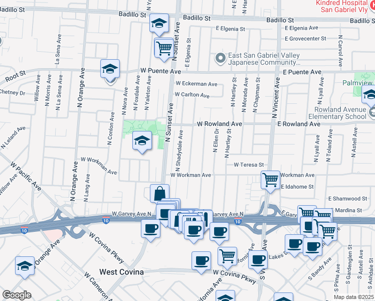 map of restaurants, bars, coffee shops, grocery stores, and more near 340 North Broadmoor Avenue in West Covina