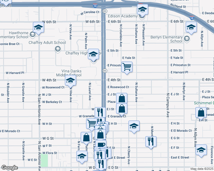 map of restaurants, bars, coffee shops, grocery stores, and more near 103 East Rosewood Court in Ontario