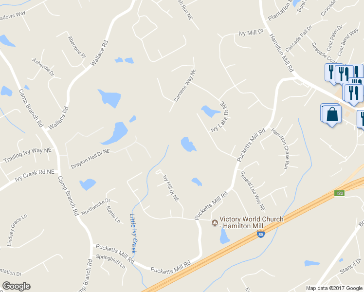 map of restaurants, bars, coffee shops, grocery stores, and more near 3104 Pucketts Mill Road in Buford