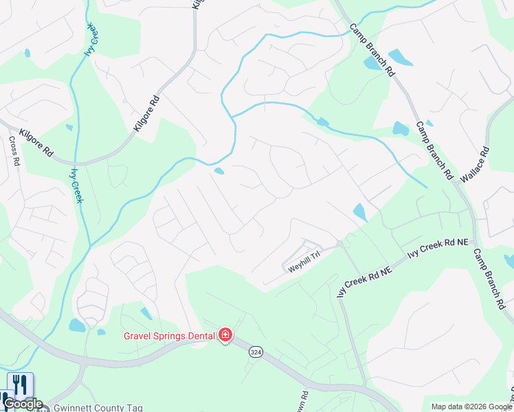 map of restaurants, bars, coffee shops, grocery stores, and more near 2462 Walkers Glen Lane Northeast in Buford