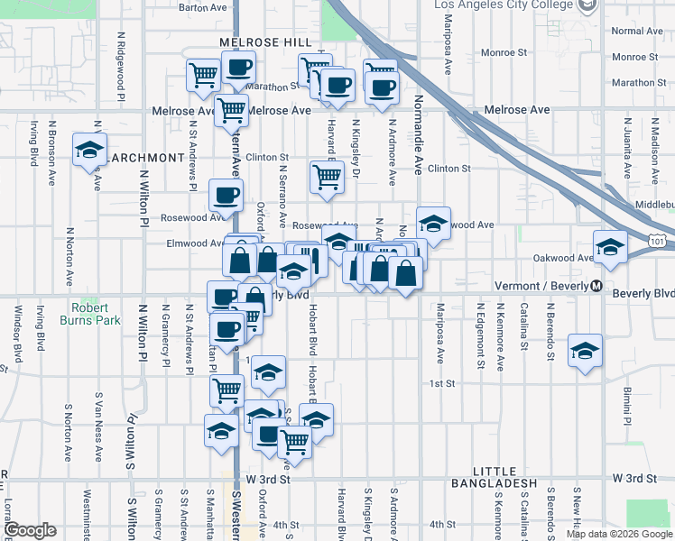 map of restaurants, bars, coffee shops, grocery stores, and more near 330 North Harvard Boulevard in Los Angeles