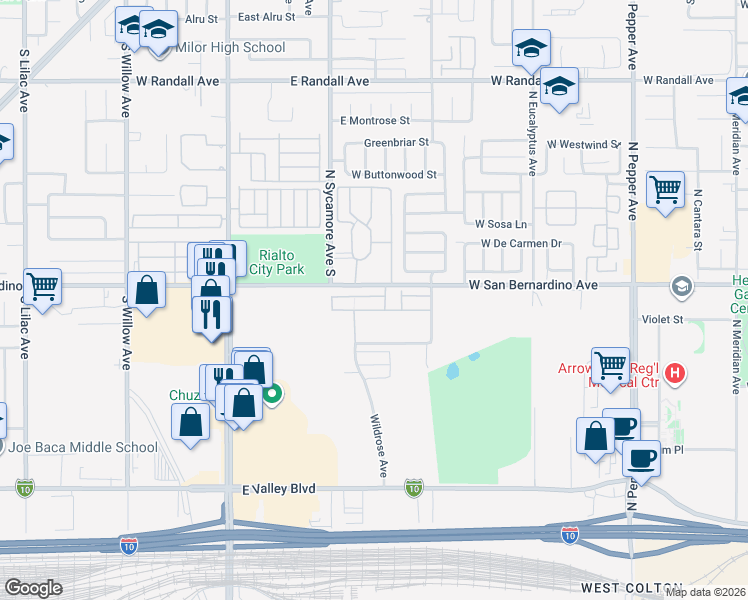 map of restaurants, bars, coffee shops, grocery stores, and more near 2025 Juniper Lane in Colton