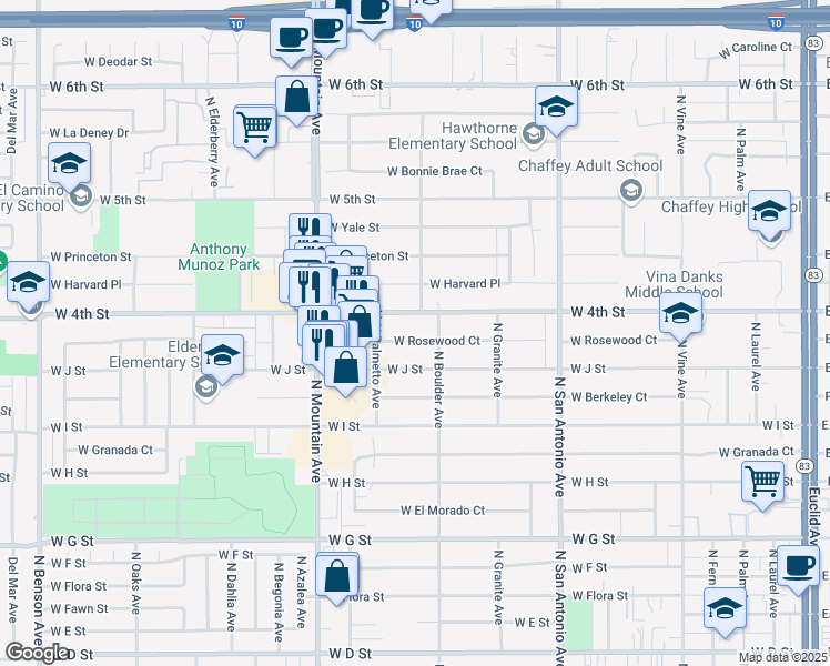 map of restaurants, bars, coffee shops, grocery stores, and more near 926 West Rosewood Court in Ontario