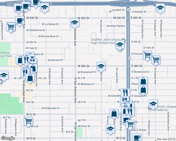 map of restaurants, bars, coffee shops, grocery stores, and more near 604 West Rosewood Court in Ontario