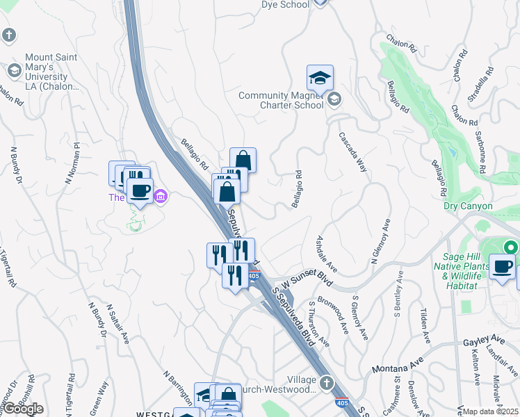 map of restaurants, bars, coffee shops, grocery stores, and more near 11647 Bellagio Road in Los Angeles