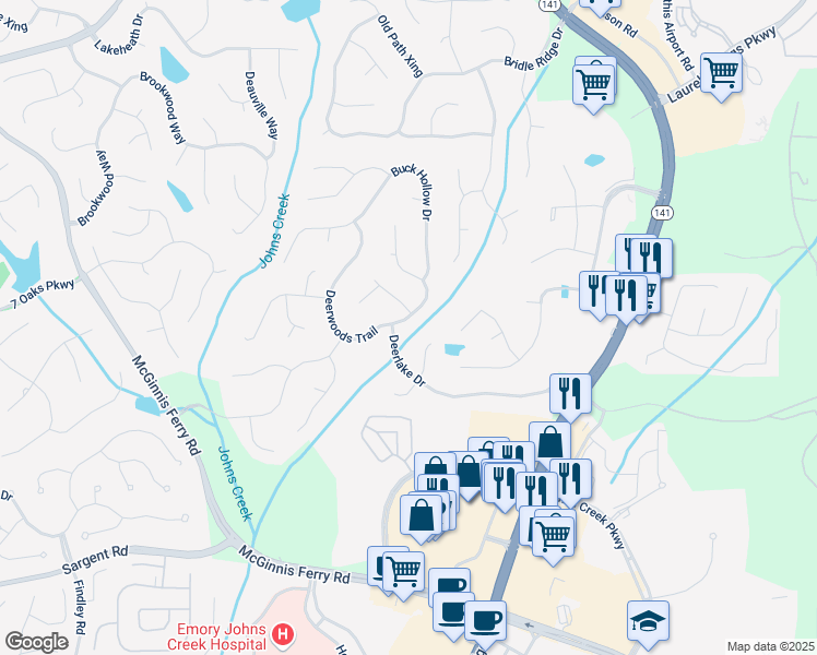 map of restaurants, bars, coffee shops, grocery stores, and more near 6185 Deerwoods Trail in Alpharetta
