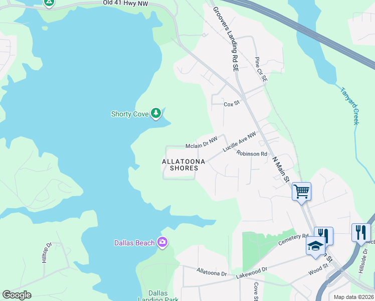 map of restaurants, bars, coffee shops, grocery stores, and more near 5113 Mclain Drive Northwest in Acworth