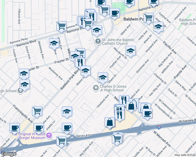 map of restaurants, bars, coffee shops, grocery stores, and more near 14205 Merced Avenue in Baldwin Park