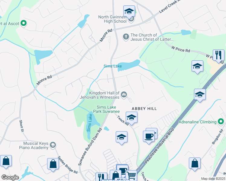 map of restaurants, bars, coffee shops, grocery stores, and more near 4685 Prestbury Drive in Suwanee