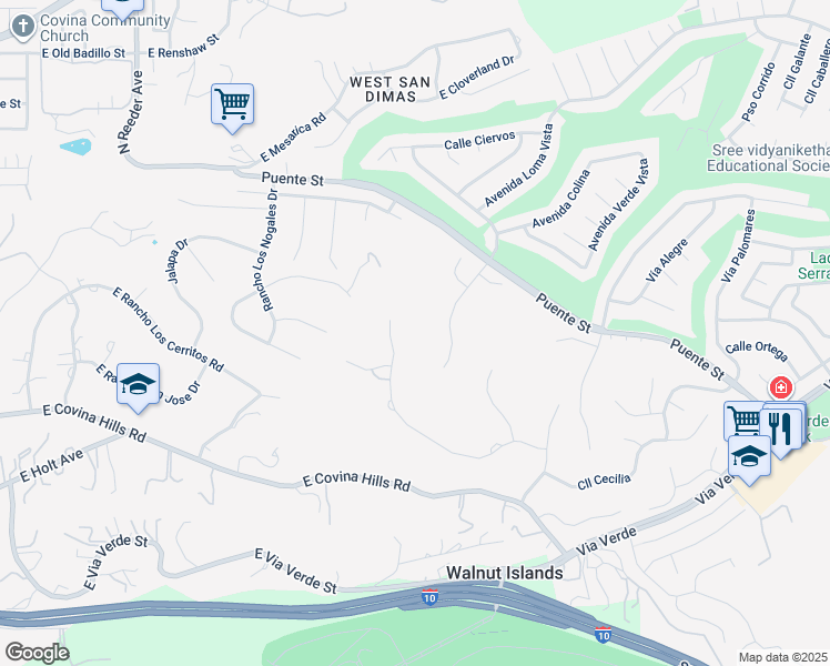 map of restaurants, bars, coffee shops, grocery stores, and more near 1609 Calle Cristina in San Dimas