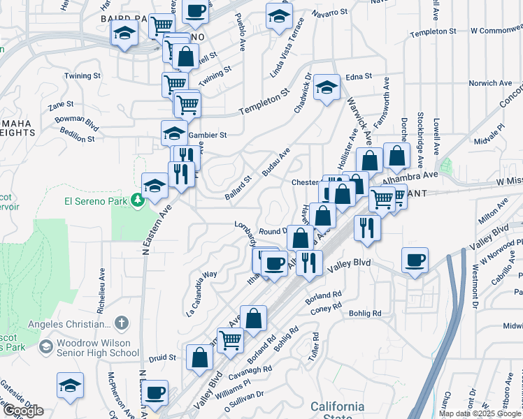 map of restaurants, bars, coffee shops, grocery stores, and more near Round Drive in Los Angeles