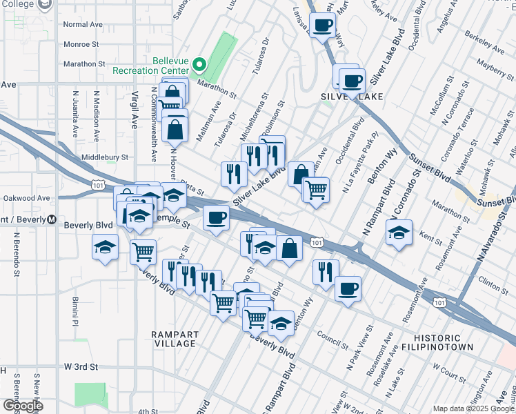 map of restaurants, bars, coffee shops, grocery stores, and more near 419 North Vendome Street in Los Angeles