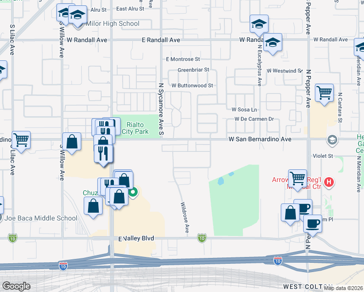 map of restaurants, bars, coffee shops, grocery stores, and more near 2025 Juniper Lane in Colton