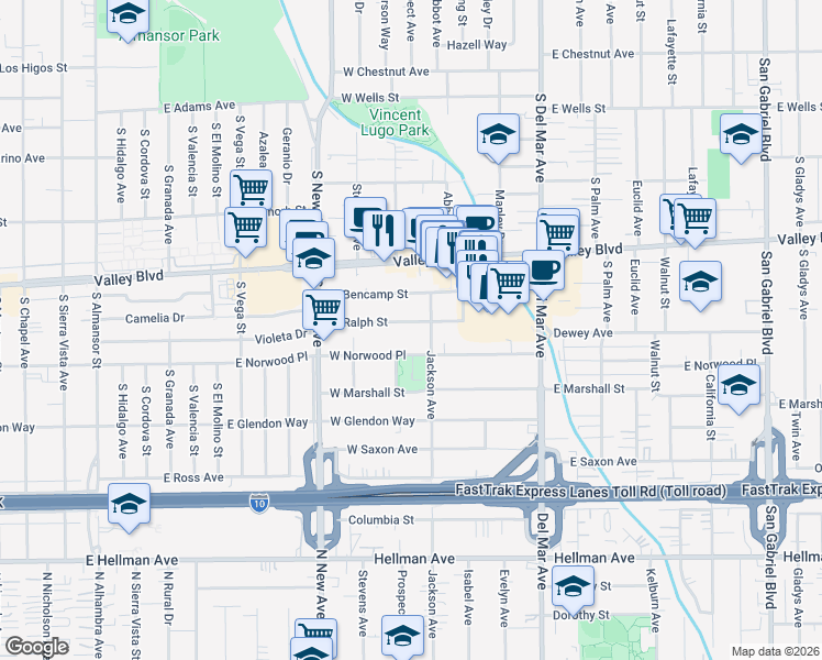 map of restaurants, bars, coffee shops, grocery stores, and more near 1741 Jackson Avenue in San Gabriel