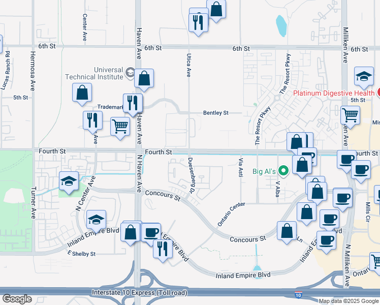 map of restaurants, bars, coffee shops, grocery stores, and more near 10485 Fourth Street in Ontario