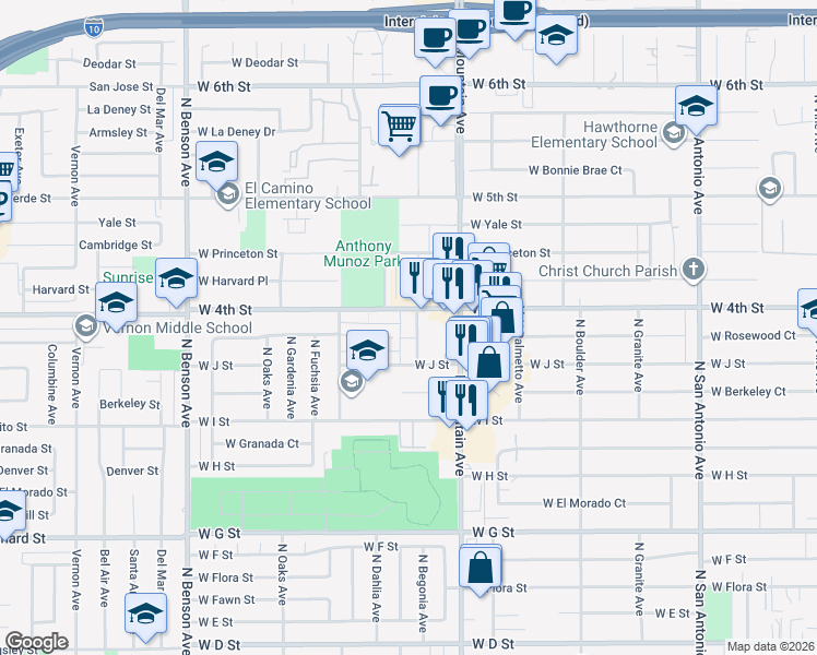 map of restaurants, bars, coffee shops, grocery stores, and more near 1155 West 4th Street in Ontario