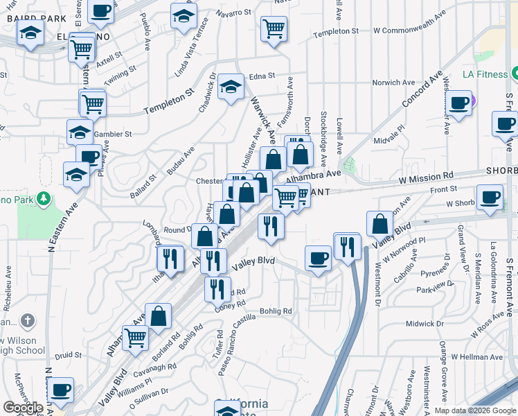 map of restaurants, bars, coffee shops, grocery stores, and more near 5416 Alhambra Avenue in Los Angeles