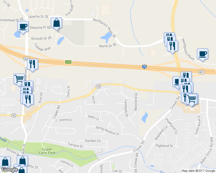 map of restaurants, bars, coffee shops, grocery stores, and more near 3904 Keystone Ridge in Acworth