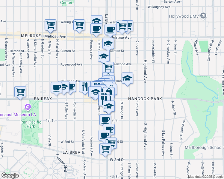 map of restaurants, bars, coffee shops, grocery stores, and more near 333 North Sycamore Avenue in Los Angeles