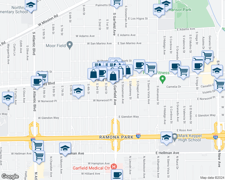 map of restaurants, bars, coffee shops, grocery stores, and more near 1507 South Garfield Avenue in Alhambra