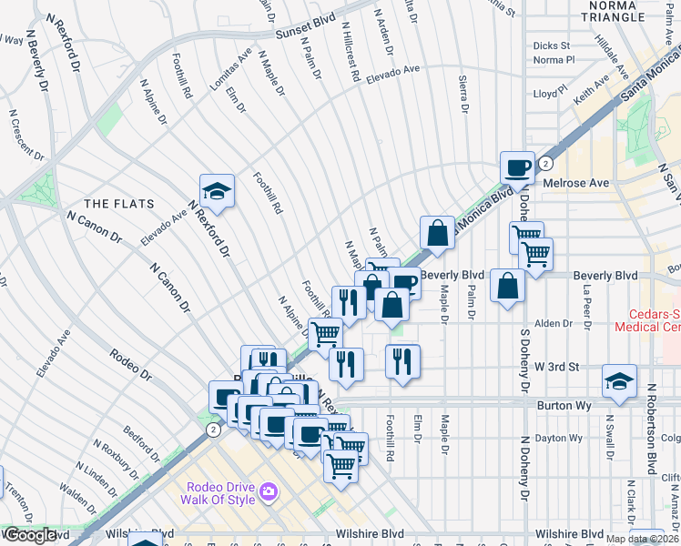 map of restaurants, bars, coffee shops, grocery stores, and more near 512 Elm Drive in Beverly Hills
