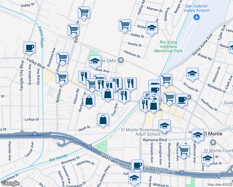 map of restaurants, bars, coffee shops, grocery stores, and more near 10423 Valley Boulevard in El Monte