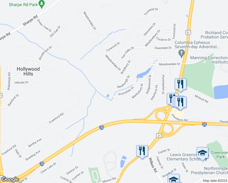 map of restaurants, bars, coffee shops, grocery stores, and more near 608 Bradbury Drive in Columbia