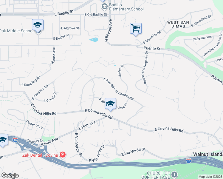 map of restaurants, bars, coffee shops, grocery stores, and more near 20528 East Rancho Los Cerritos Road in Covina
