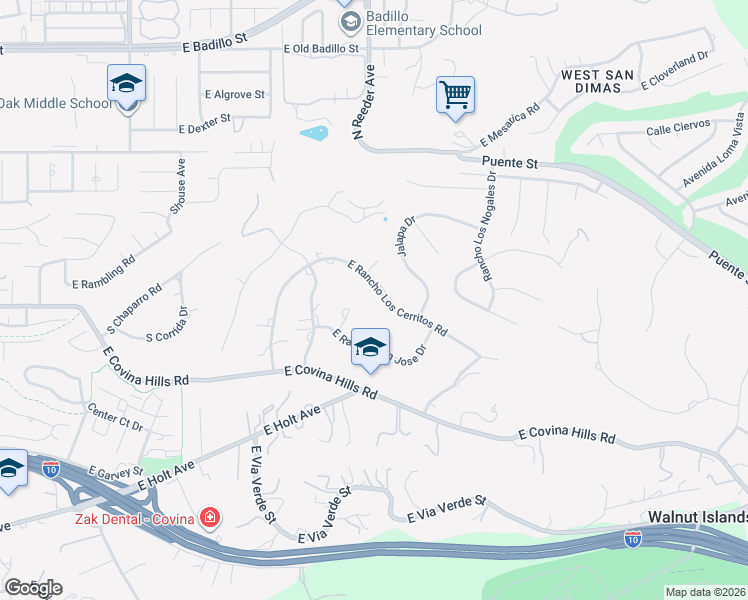 map of restaurants, bars, coffee shops, grocery stores, and more near 20550 East Rancho Los Cerritos Road in Covina