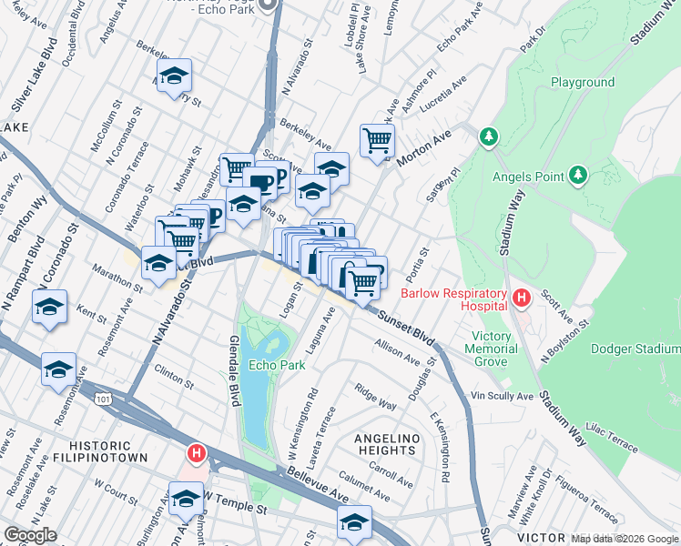 map of restaurants, bars, coffee shops, grocery stores, and more near 1571 Sunset Boulevard in Los Angeles
