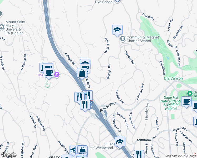 map of restaurants, bars, coffee shops, grocery stores, and more near 11647 Bellagio Road in Los Angeles