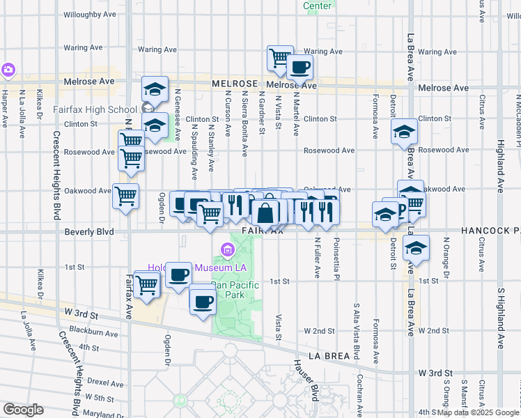 map of restaurants, bars, coffee shops, grocery stores, and more near 339 North Gardner Street in Los Angeles