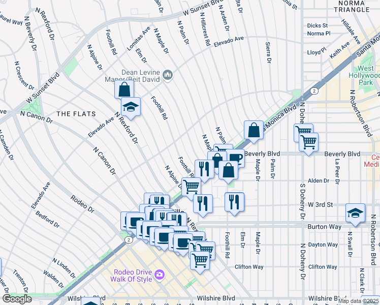 map of restaurants, bars, coffee shops, grocery stores, and more near 517 Elm Drive in Beverly Hills