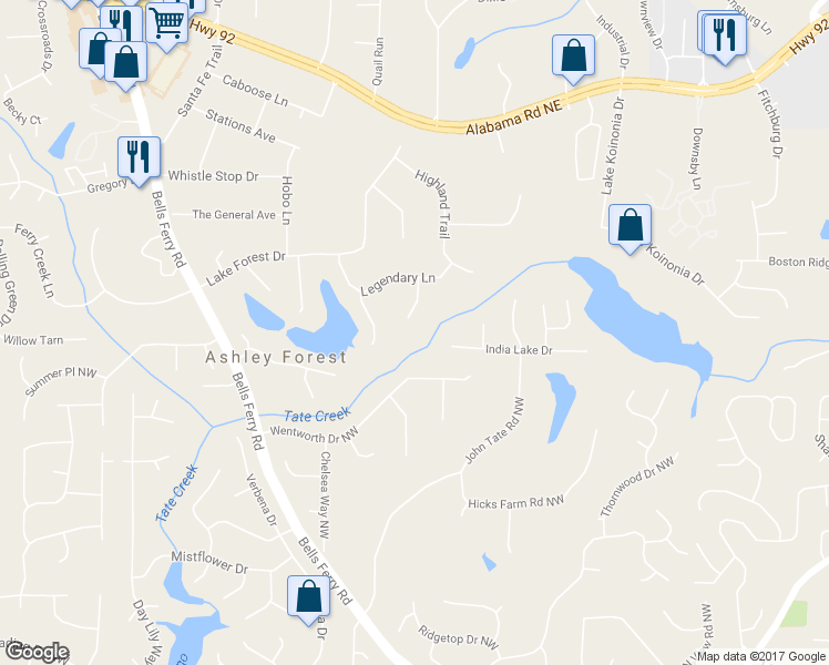 map of restaurants, bars, coffee shops, grocery stores, and more near 5174 Ridge Tarn in Acworth