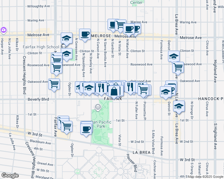 map of restaurants, bars, coffee shops, grocery stores, and more near 339 North Gardner Street in Los Angeles