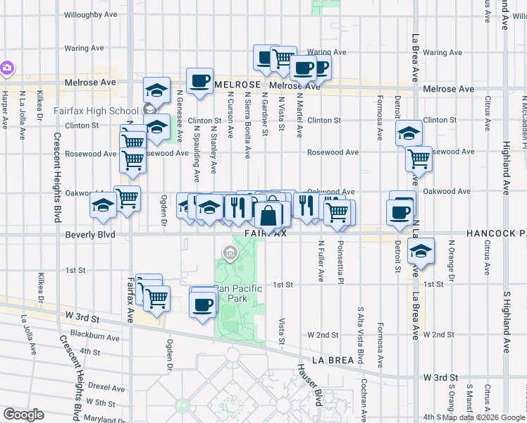 map of restaurants, bars, coffee shops, grocery stores, and more near 339 North Gardner Street in Los Angeles