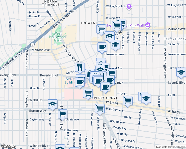 map of restaurants, bars, coffee shops, grocery stores, and more near 322 Huntley Drive in West Hollywood