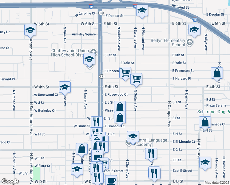 map of restaurants, bars, coffee shops, grocery stores, and more near 219 East Rosewood Court in Ontario