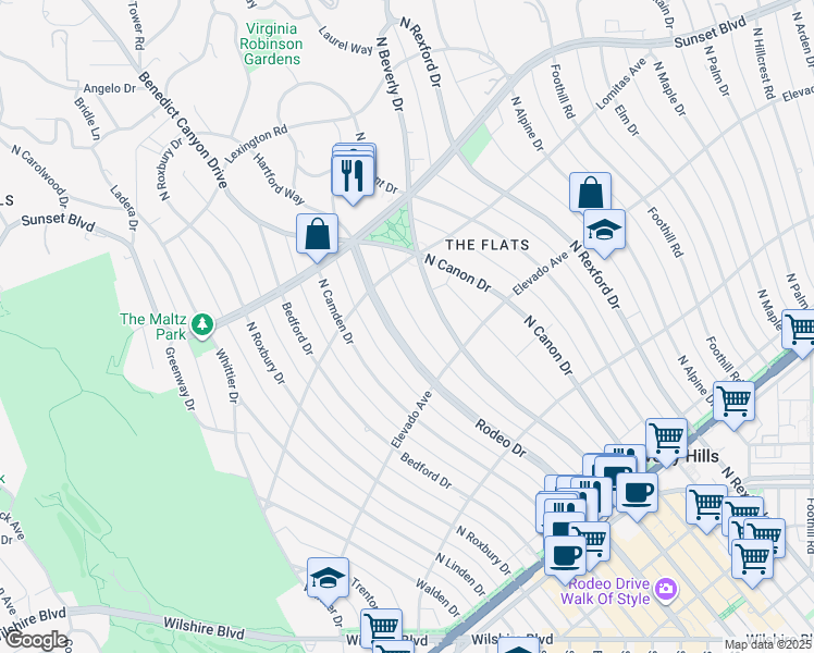 map of restaurants, bars, coffee shops, grocery stores, and more near 718 North Rodeo Drive in Beverly Hills