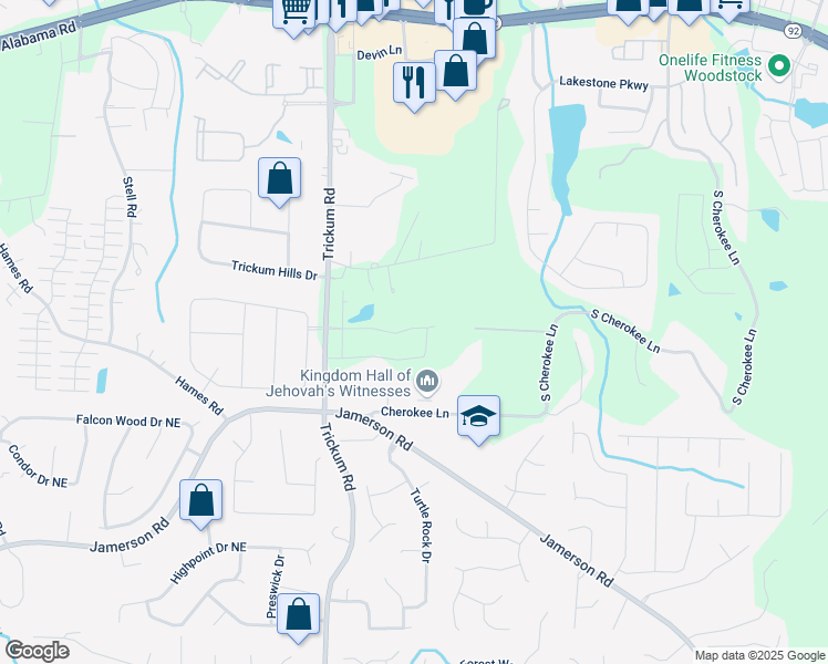 map of restaurants, bars, coffee shops, grocery stores, and more near 452 Maypop Lane in Woodstock
